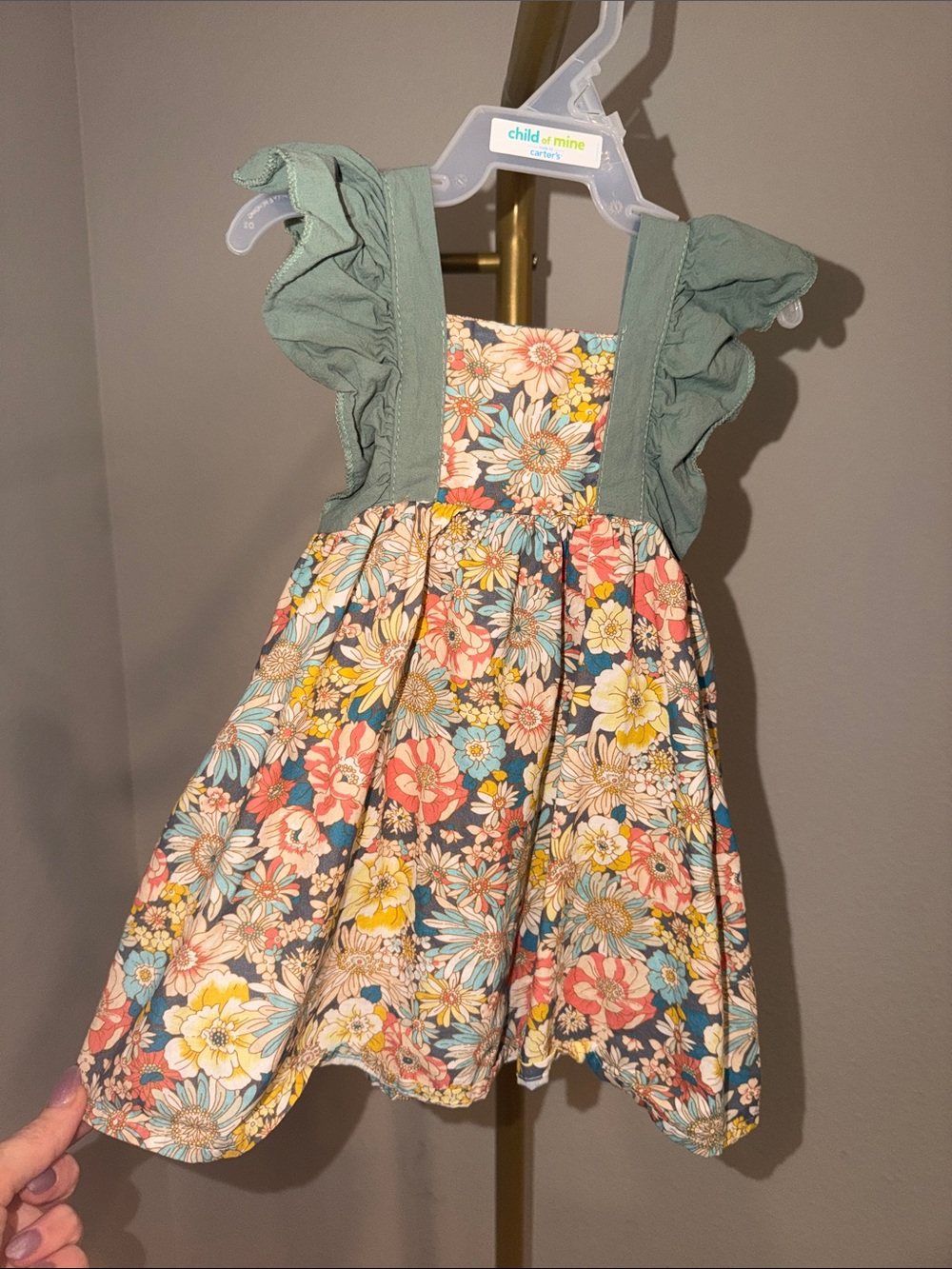 child of mine Floral Dress with Sage Green Ruffle Straps and Multicolor Blooms